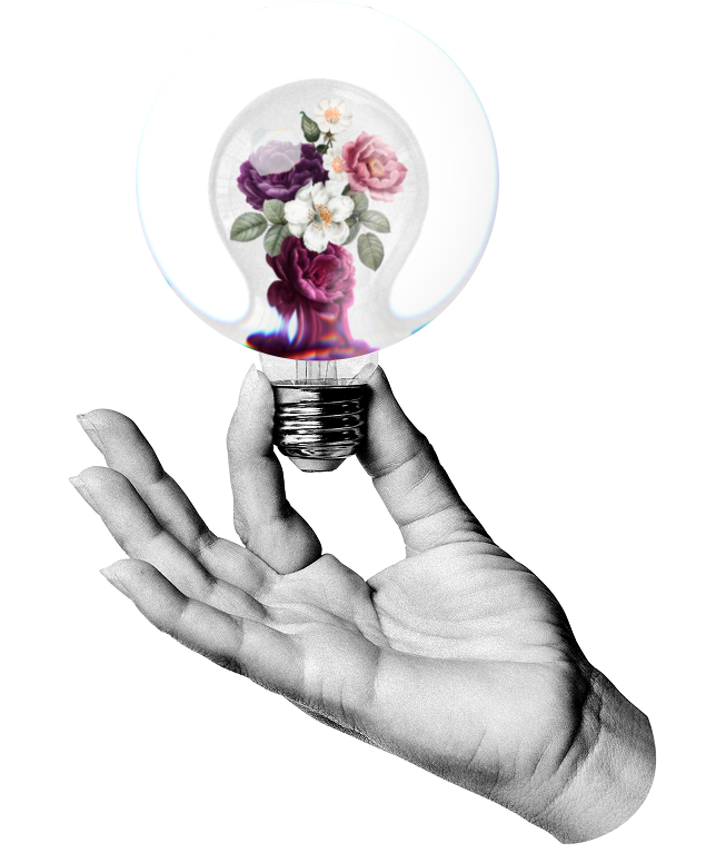 Main tenant une ampoule avec des fleurs